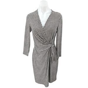 Anne Klein Tan White Polka Dot Long Sleeve Knot Front Wrap Sheath Dress Size S